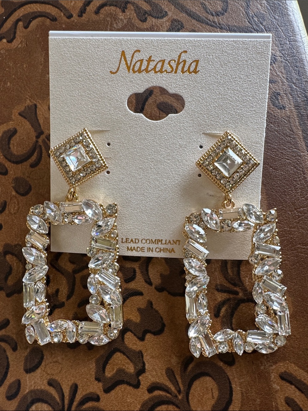 Natasha Couture Gold and Clear Crystal Rectangular Drop Earrings